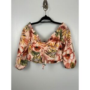 Lulus‎ Floral Print Off Shoulder Ruffle Ruched Crop Top Medium Tropical Resort